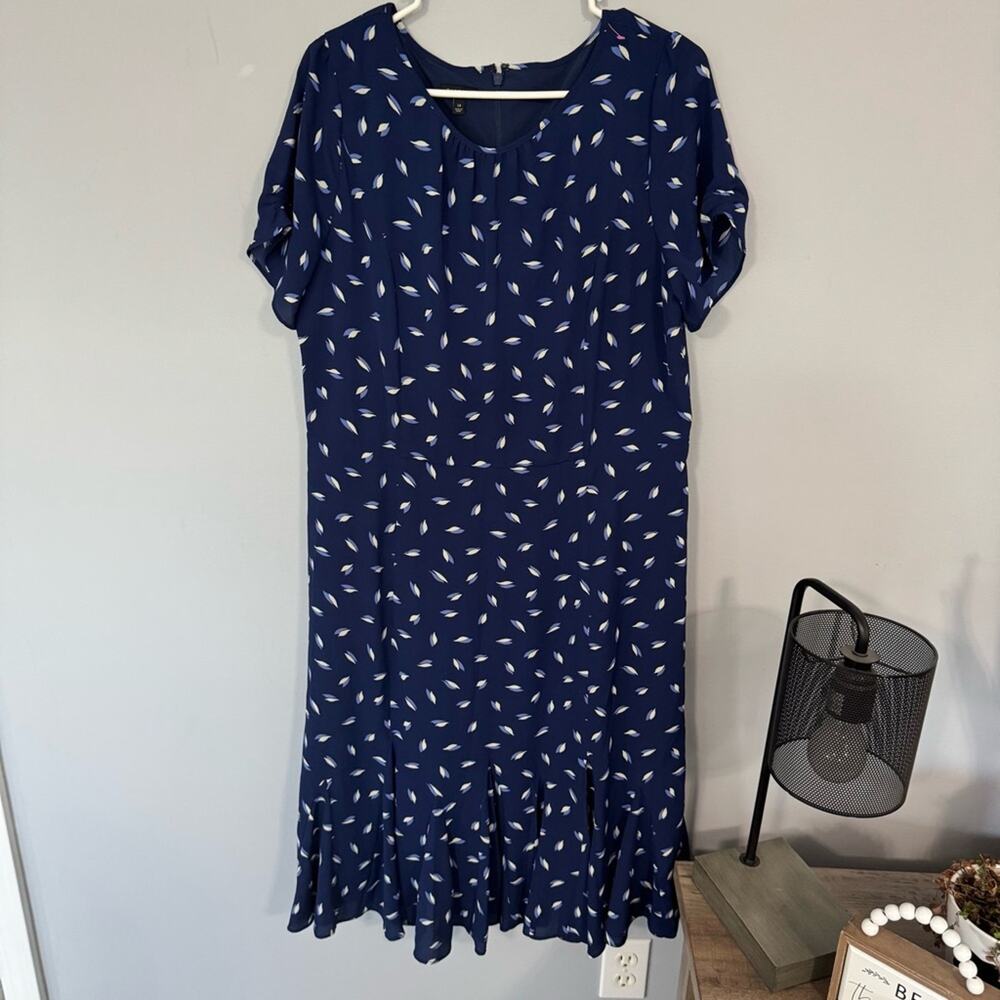Talbots Navy Blue Georgette Midi Dress w/ Leaf Pattern Women’s Plus Size 14